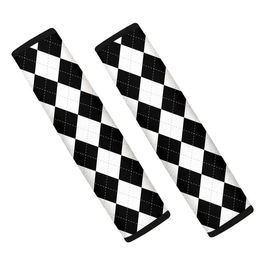 White And Black Argyle Pattern Print Car Seat Belt Covers