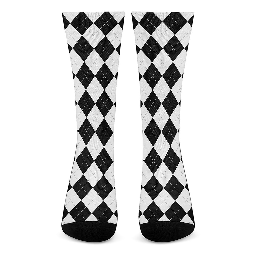 White And Black Argyle Pattern Print Crew Socks