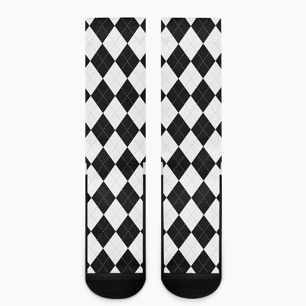 White And Black Argyle Pattern Print Crew Socks
