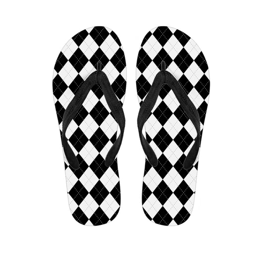 White And Black Argyle Pattern Print Flip Flops
