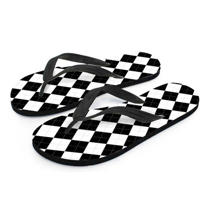 White And Black Argyle Pattern Print Flip Flops