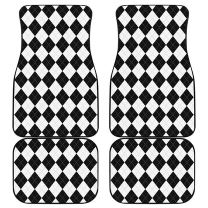 White And Black Argyle Pattern Print Front and Back Car Floor Mats