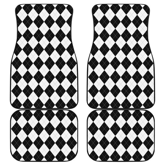 White And Black Argyle Pattern Print Front and Back Car Floor Mats