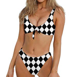 White And Black Argyle Pattern Print Front Bow Tie Bikini