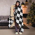 White And Black Argyle Pattern Print Hooded Blanket