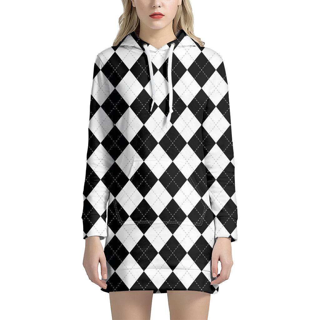 White And Black Argyle Pattern Print Hoodie Dress