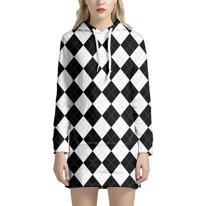 White And Black Argyle Pattern Print Hoodie Dress