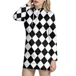 White And Black Argyle Pattern Print Hoodie Dress