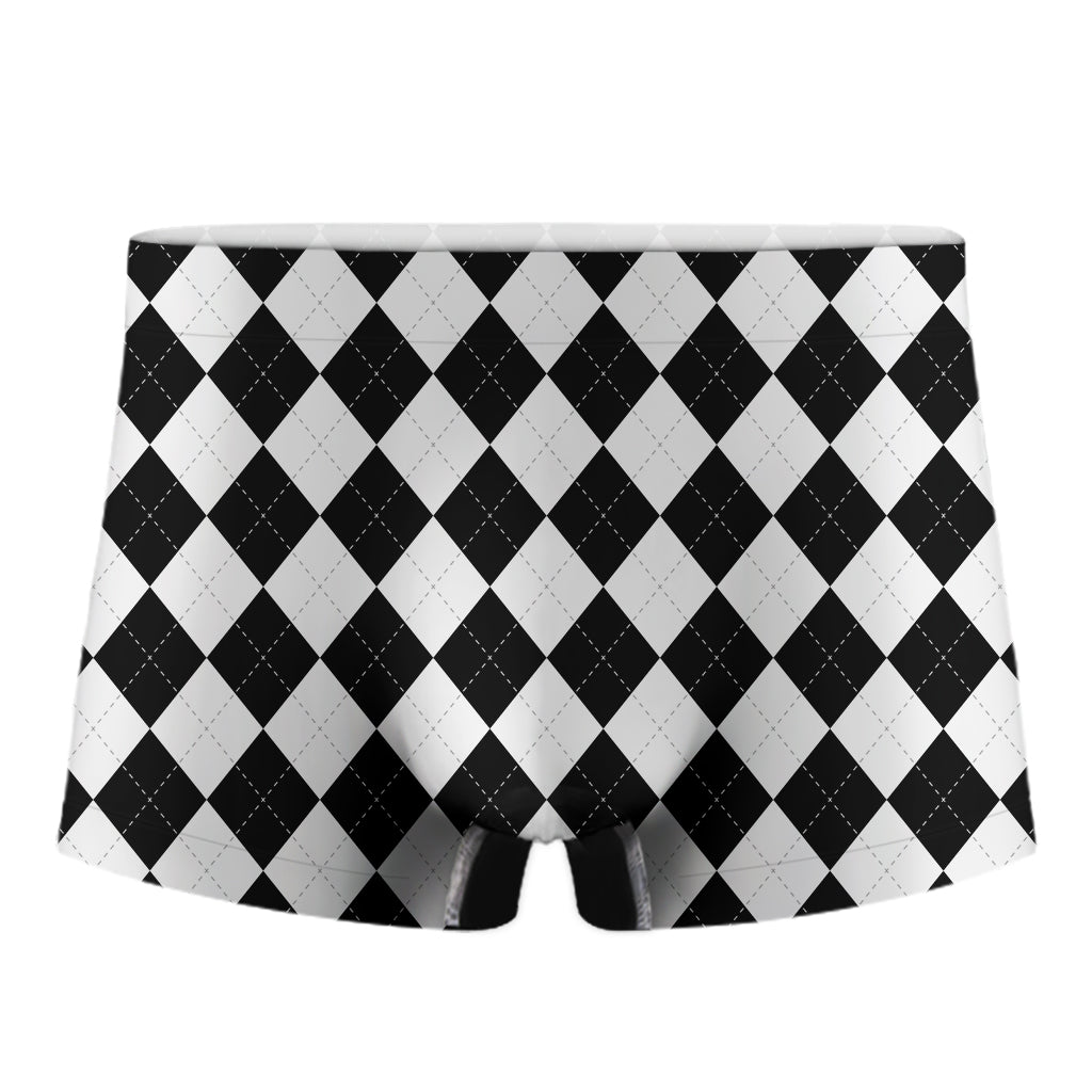 White And Black Argyle Pattern Print Men's Boxer Briefs