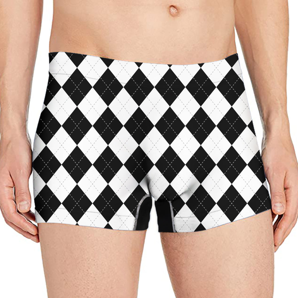 White And Black Argyle Pattern Print Men's Boxer Briefs