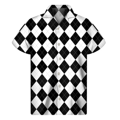 White And Black Argyle Pattern Print Men's Short Sleeve Shirt