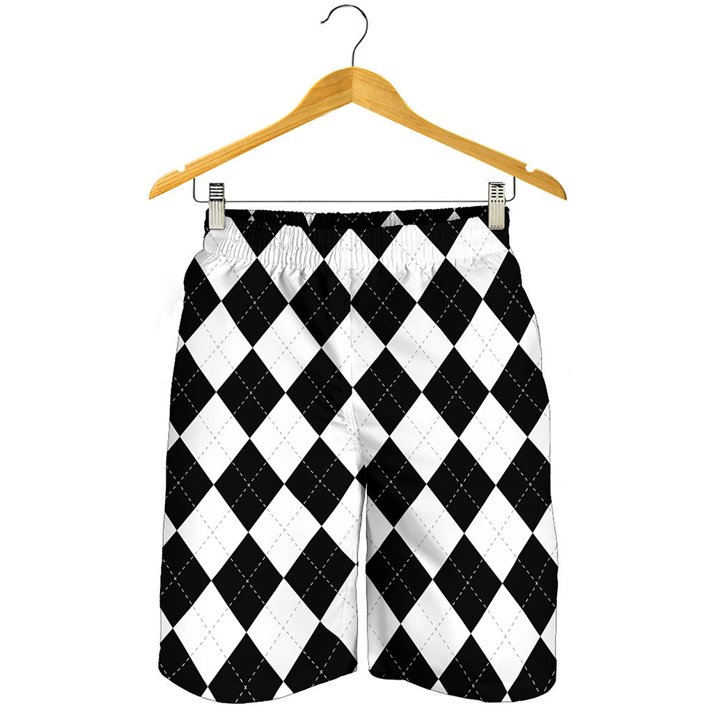 White And Black Argyle Pattern Print Men's Shorts