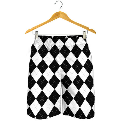 White And Black Argyle Pattern Print Men's Shorts