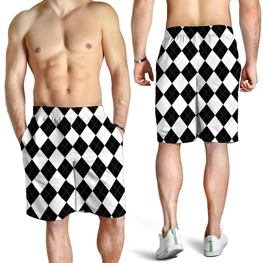 White And Black Argyle Pattern Print Men's Shorts