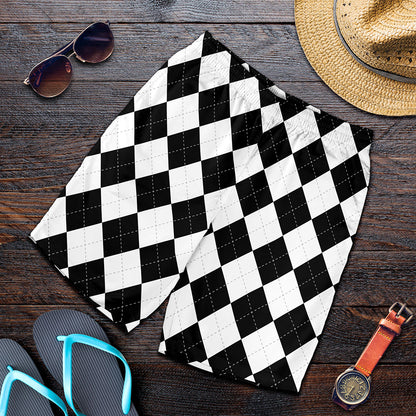 White And Black Argyle Pattern Print Men's Shorts