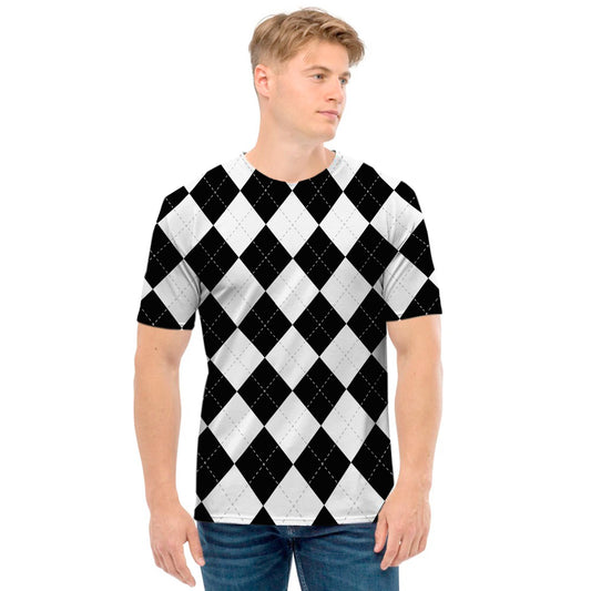 White And Black Argyle Pattern Print Men's T-Shirt