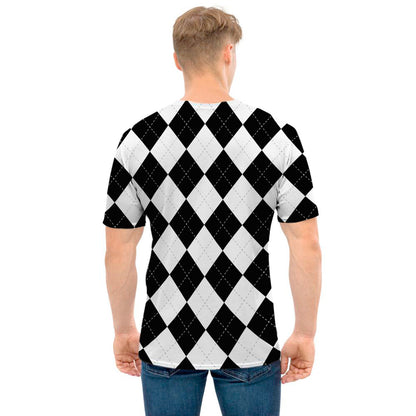 White And Black Argyle Pattern Print Men's T-Shirt