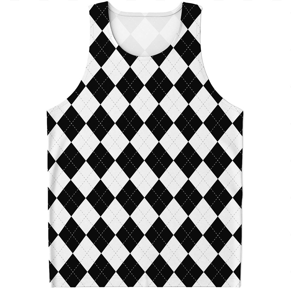 White And Black Argyle Pattern Print Men's Tank Top