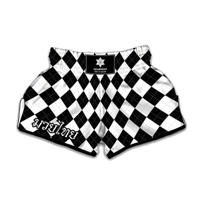 White And Black Argyle Pattern Print Muay Thai Boxing Shorts