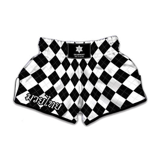 White And Black Argyle Pattern Print Muay Thai Boxing Shorts