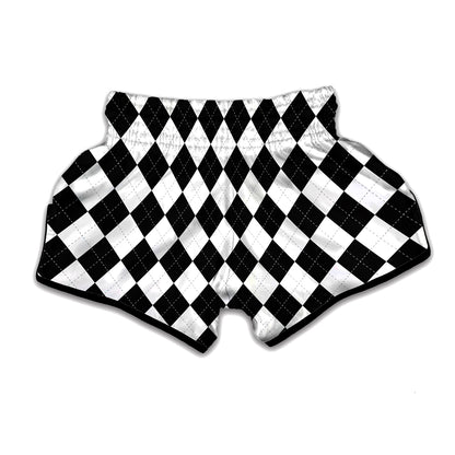White And Black Argyle Pattern Print Muay Thai Boxing Shorts