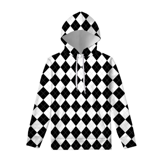 White And Black Argyle Pattern Print Pullover Hoodie