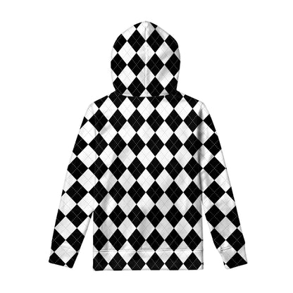 White And Black Argyle Pattern Print Pullover Hoodie