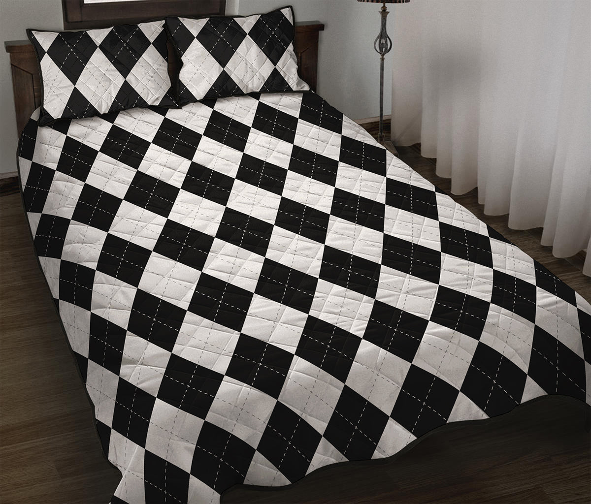 White And Black Argyle Pattern Print Quilt Bed Set