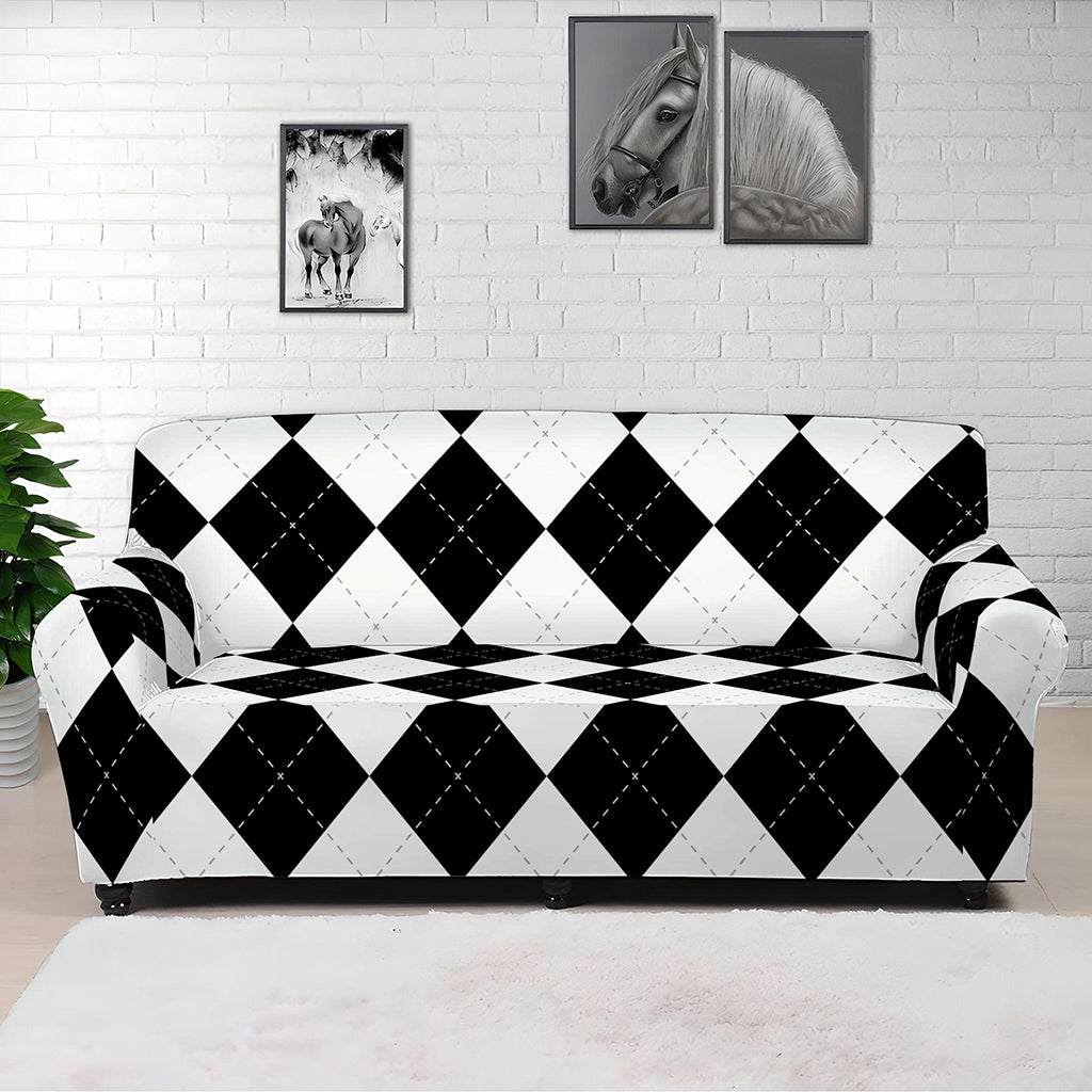 White And Black Argyle Pattern Print Sofa Cover