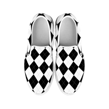 White And Black Argyle Pattern Print White Slip On Shoes
