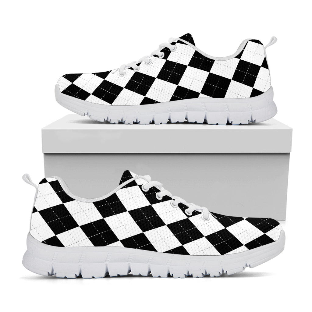 White And Black Argyle Pattern Print White Sneakers