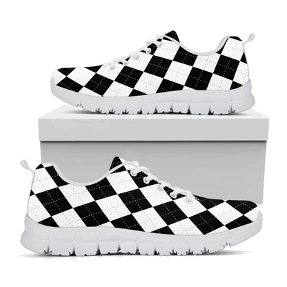 White And Black Argyle Pattern Print White Sneakers