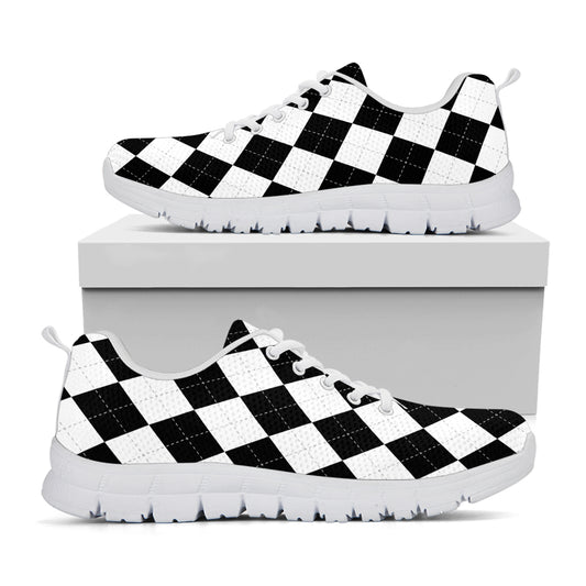 White And Black Argyle Pattern Print White Sneakers