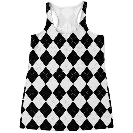 White And Black Argyle Pattern Print Women's Racerback Tank Top
