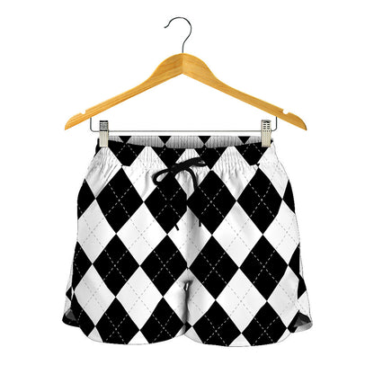 White And Black Argyle Pattern Print Women's Shorts