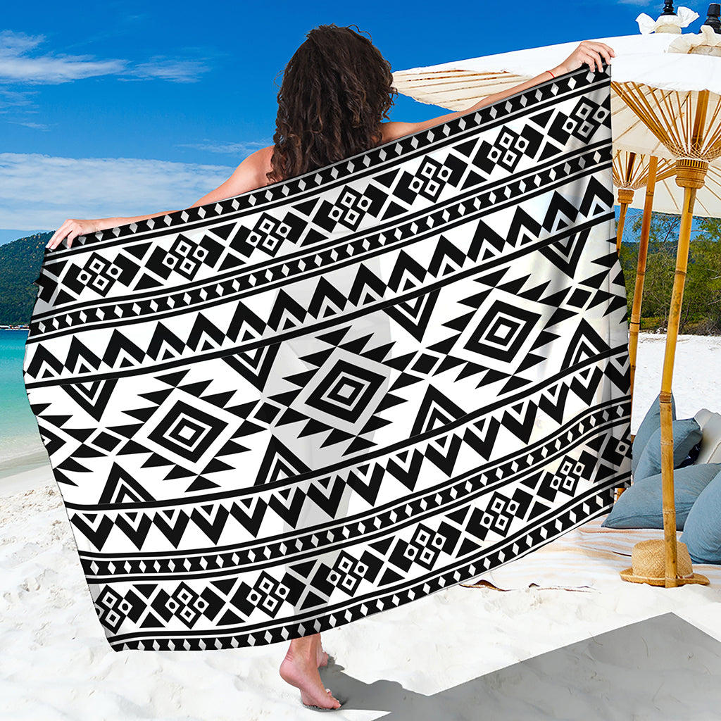 White And Black Aztec Pattern Print Beach Sarong Wrap