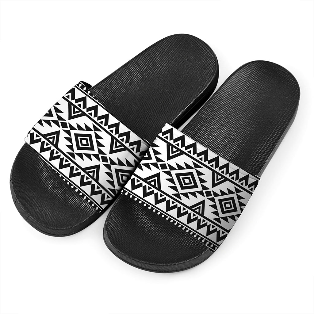 White And Black Aztec Pattern Print Black Slide Sandals