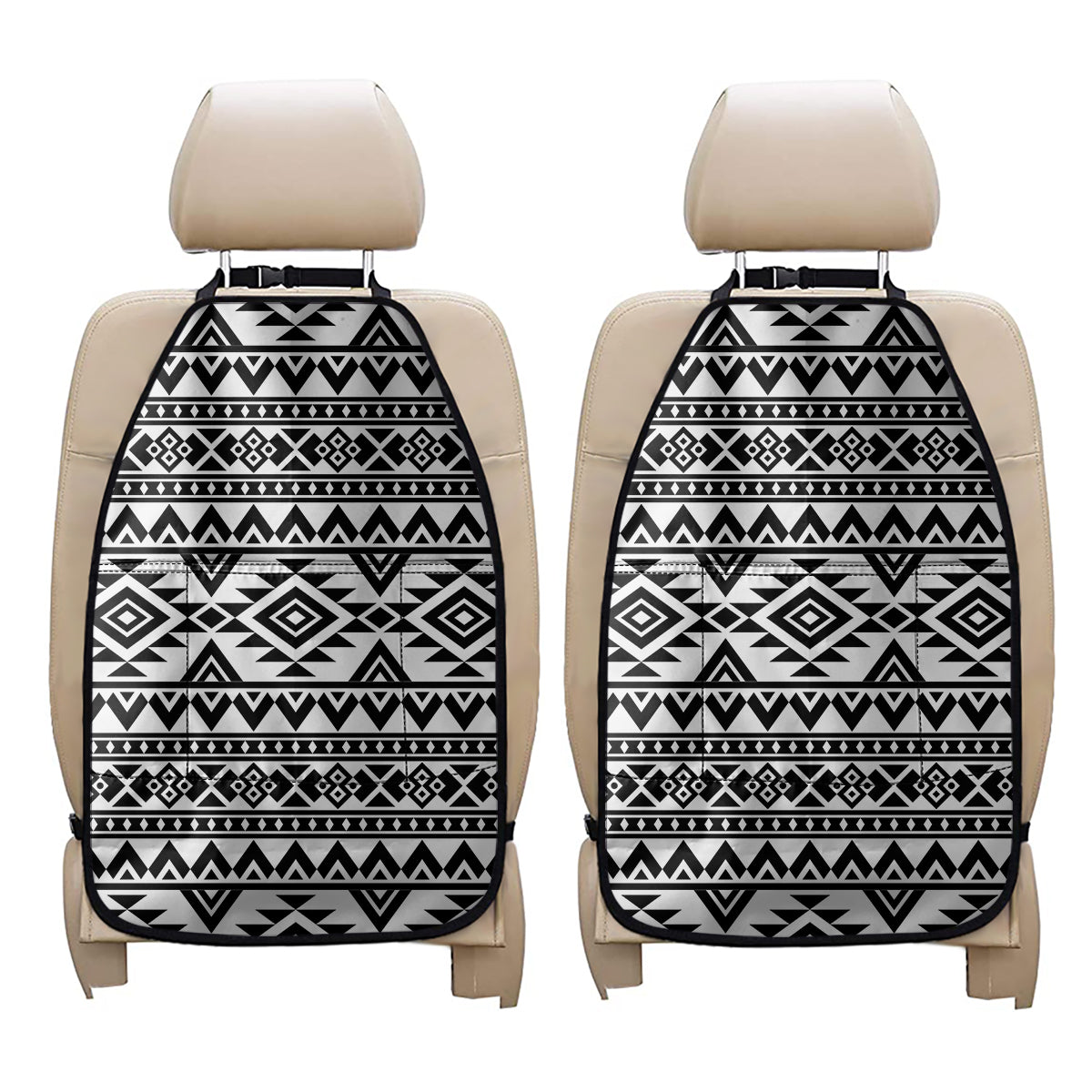 White And Black Aztec Pattern Print Car Seat Organizers