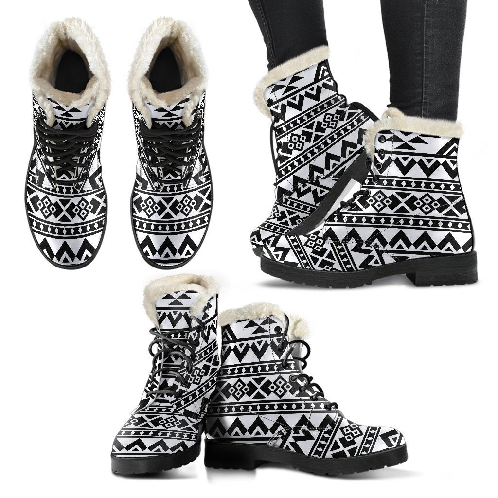 White And Black Aztec Pattern Print Comfy Boots GearFrost