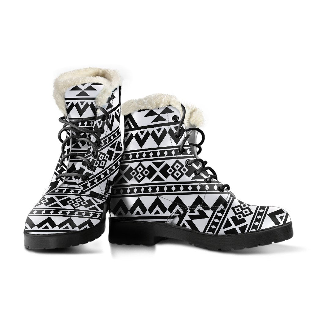 White And Black Aztec Pattern Print Comfy Boots GearFrost