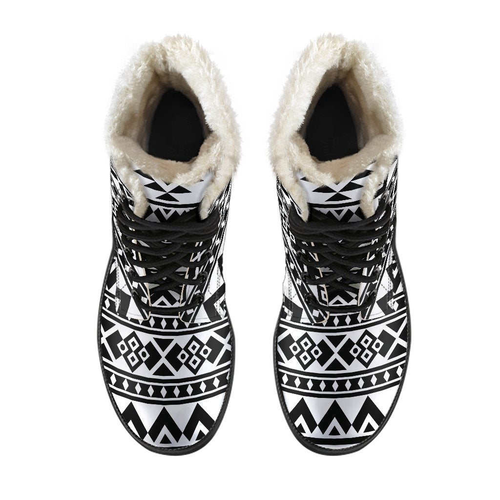 White And Black Aztec Pattern Print Comfy Boots GearFrost