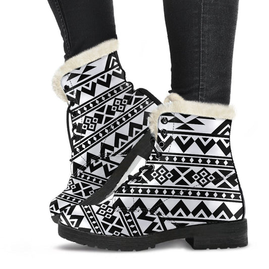 White And Black Aztec Pattern Print Comfy Boots GearFrost