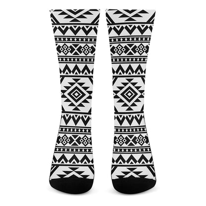 White And Black Aztec Pattern Print Crew Socks