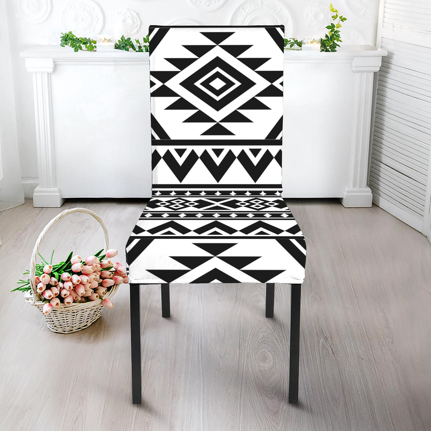 White And Black Aztec Pattern Print Dining Chair Slipcover