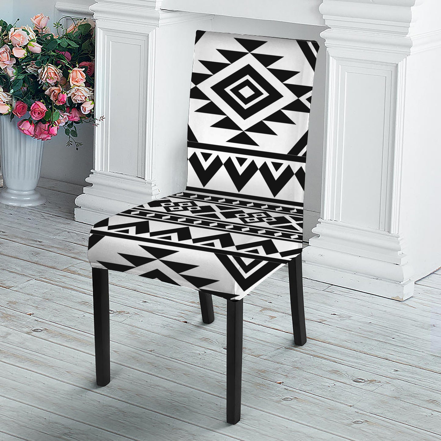 White And Black Aztec Pattern Print Dining Chair Slipcover