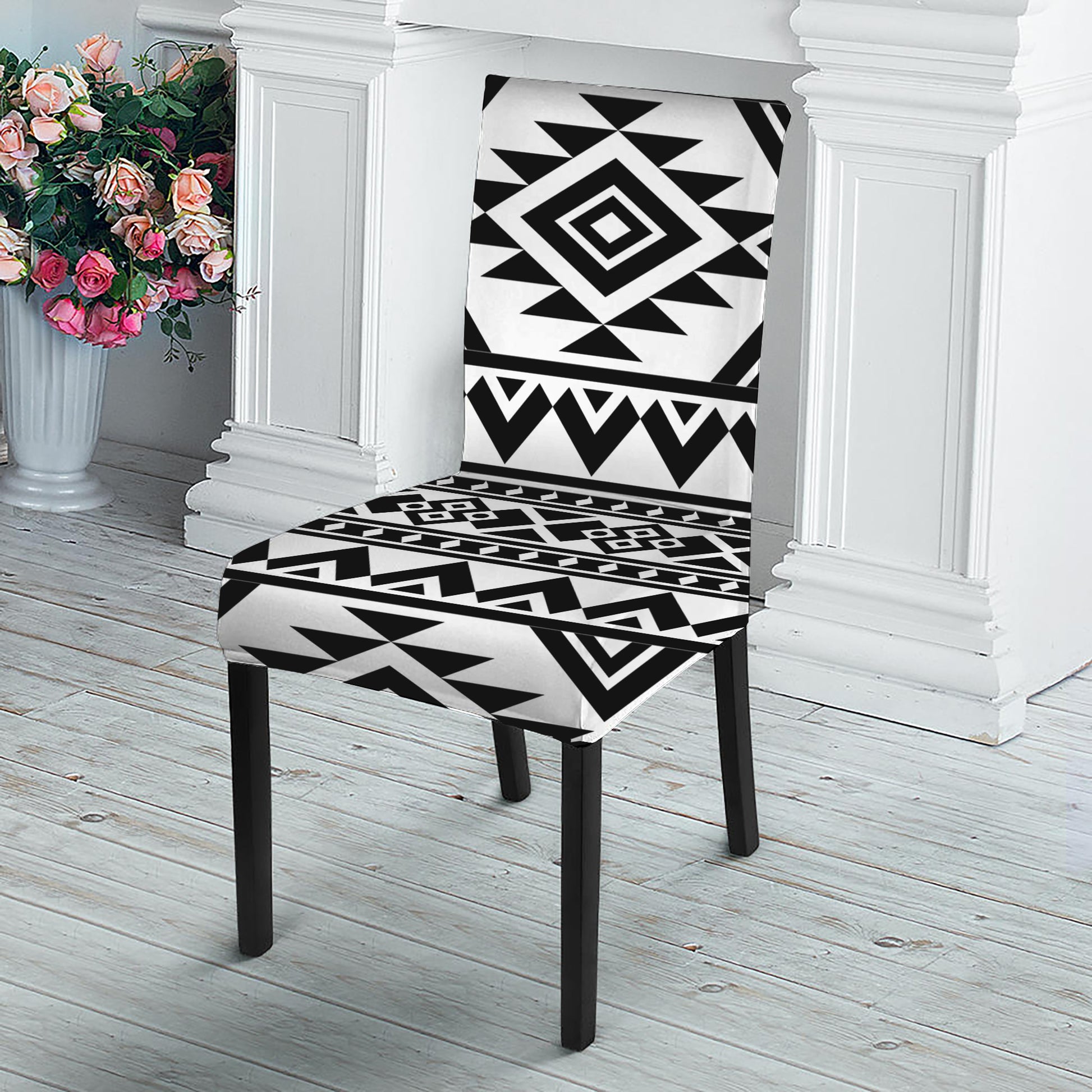 White And Black Aztec Pattern Print Dining Chair Slipcover