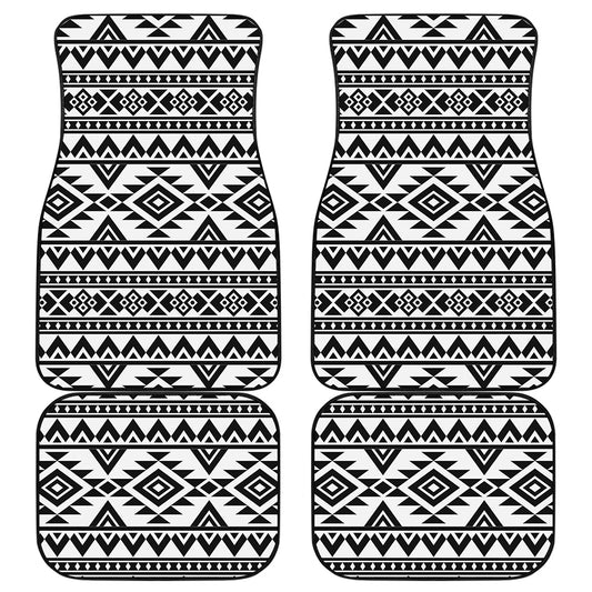 White And Black Aztec Pattern Print Front and Back Car Floor Mats