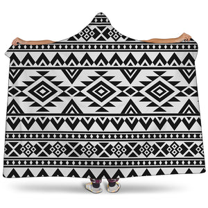 White And Black Aztec Pattern Print Hooded Blanket