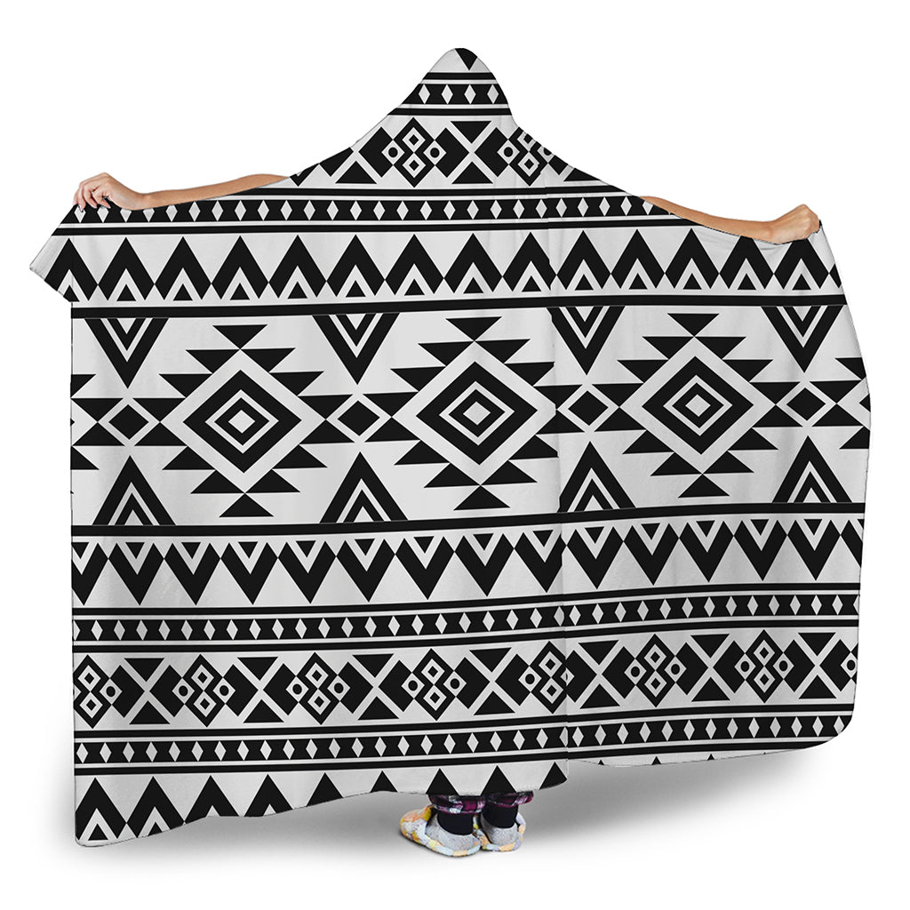 White And Black Aztec Pattern Print Hooded Blanket