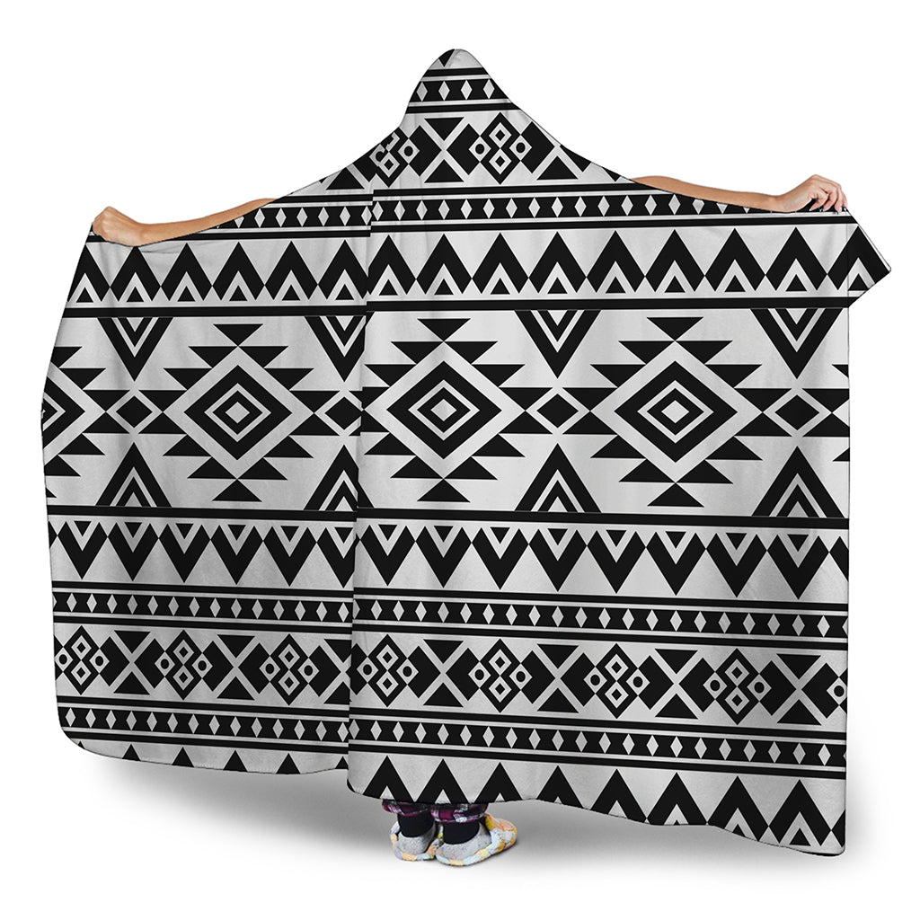 White And Black Aztec Pattern Print Hooded Blanket